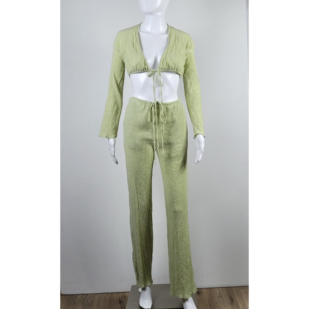 Musera 2 Piece Set Womens Large Sage Green Excellent Plisse Crop Top Pants